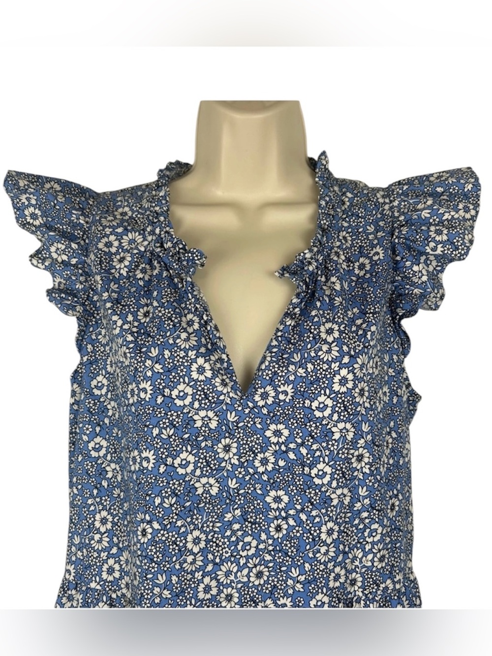 J. Crew blue and white floral v-neck ruffle sleeve cotton maxi dress, XL - Picture 5 of 11